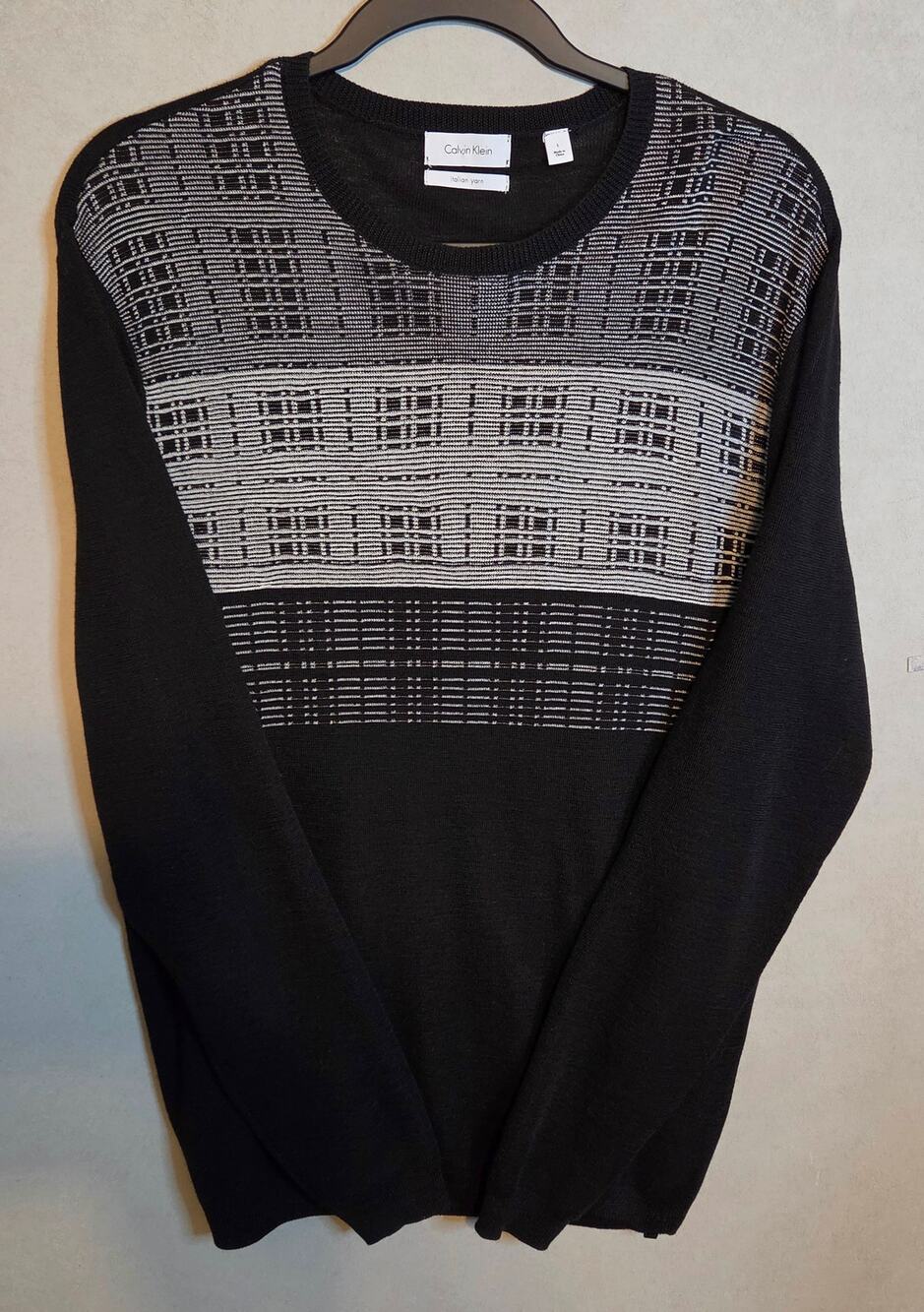 Calvin Klein Men's blk/gray patterned crewneck sweater Italian Yarn Knit Size L